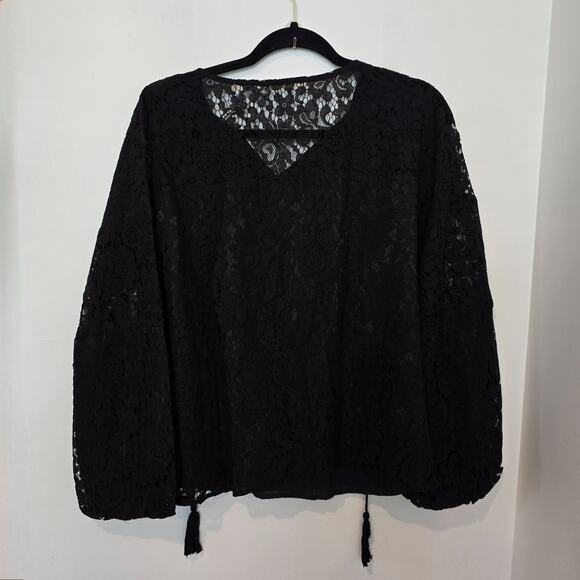 New Black Crochet Lace Top Size M Lined Balloon Sleeve Boho Dark Romantic - Picture 6 of 8